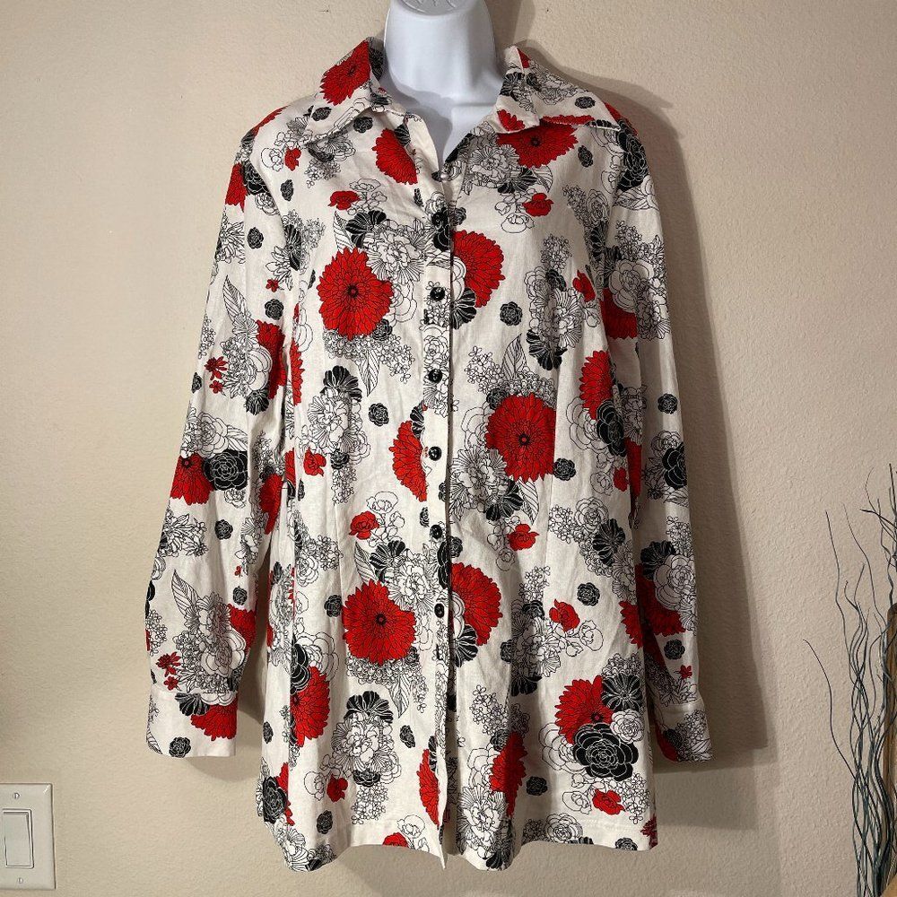 Bella Pelle Linen Cotton Tunic Blouse Floral Red Black Cream Long Sleeve XL
